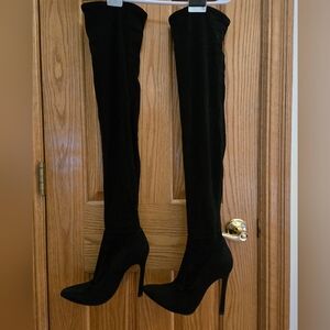 Zara Stretch Suede Black Over-the-Knee  Thigh High Boots